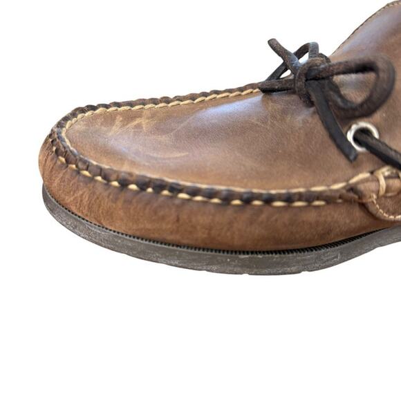 LL Bean Mens Brown Leather Slip On Boat Shoes Loafers Preppy Casual sz 8 EE Wide - Picture 5 of 16